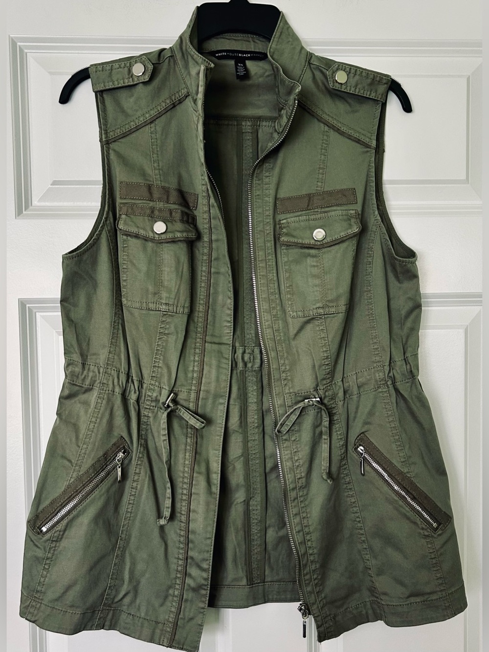 White House Black Market Olive Utility Vest with Drawstring Waist